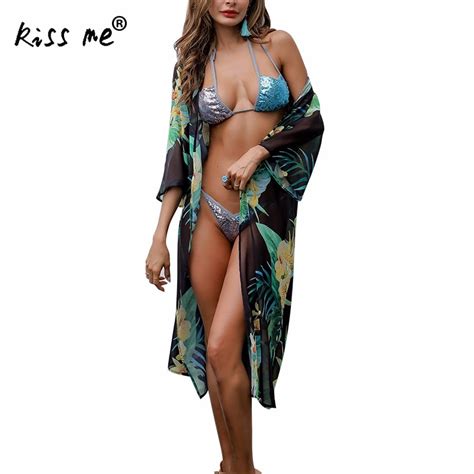 Leaf Pattern Printed Tunic Sexy Bikini Cover Up Sun Protection Long Beach Pareos For Women Green