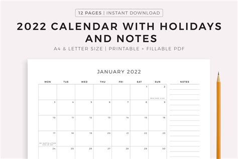 2022 Monthly Calendar With Holidays And Notes Landscape Printable By