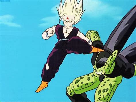 In a background box, cell is shown gritting his teeth. Gohan vs Perfect Cell | Dragon ball z, Anime, Gohan