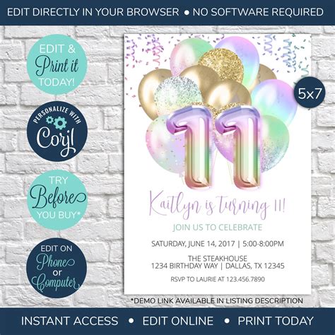 Editable 11th Birthday Invitation Pastel Rainbow 11th Etsy