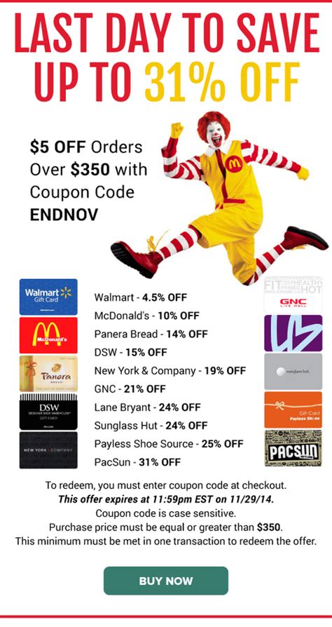 Gift cards and prepaid cards. coupon . Last Day to Save: Walmart 4.5% OFF, McDonald's 10 ...