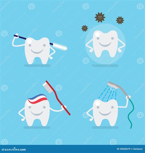 Cute Tooth Brushing Protection Dental Flat Vector Set Stock Vector