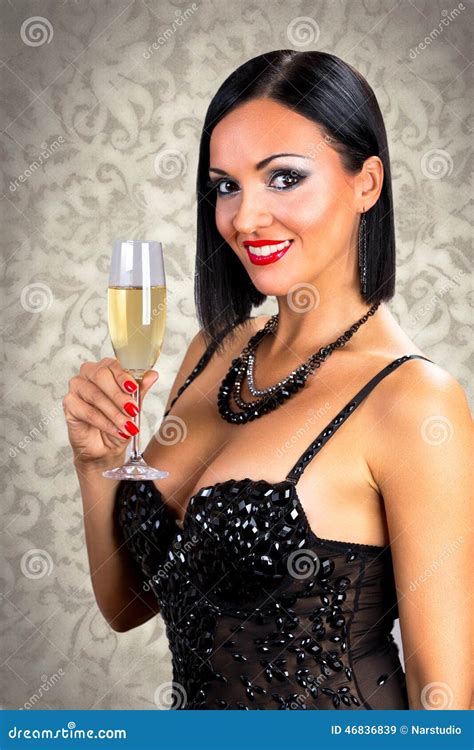 Attractive Black Hair Woman Holding Glass Of Champagne Stock Image