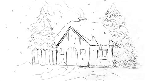 Desen In Creion Cu Peisaj De Iarna Cu Brazi Si Casuta Winter