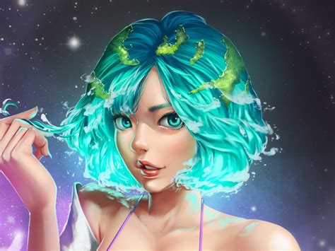 Desktop Wallpaper Blue Short Hair Anime Girl Digital Art Hd Image