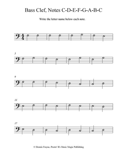 The location of the notehead (the dot part the bottom line of the bass clef staff is the letter g. FREE! Printable Music Note Naming Worksheets — Presto! It's Music Magic Publishing