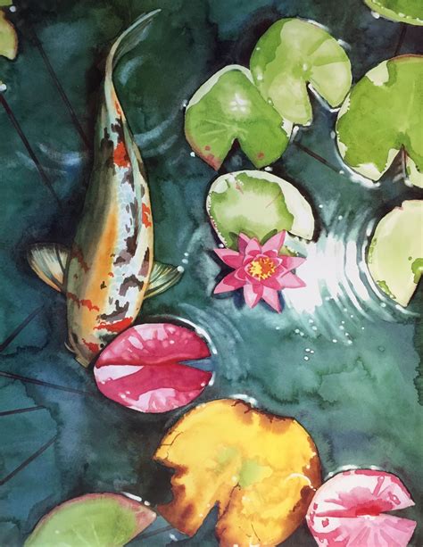 Koi Fish And Water Lilies Print Of Original Watercolor