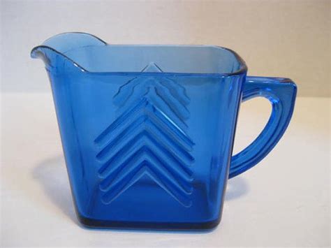 Vintage Cobalt Blue Glass Cream Pitcher With Chevron Pattern Hazel