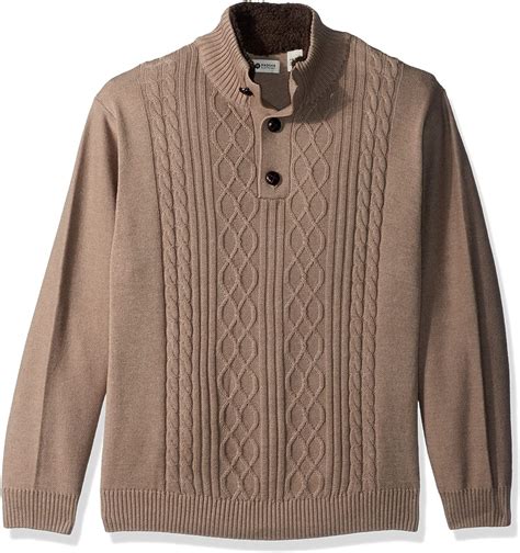 Haggar Men's Solid Cable Knit Button Down Mock Neck Sweater, Latte