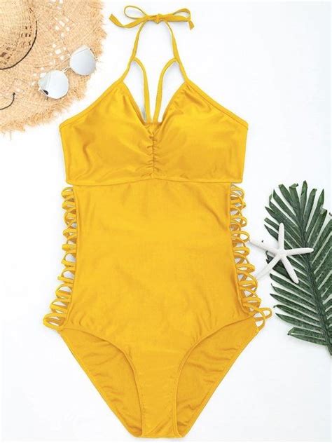 Halter Strappy Plus Size Swimsuit Yellow Xl Womens Plus Size