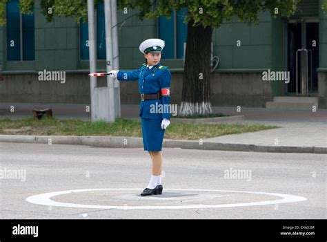 Traffic Policewoman Police Woman In The Street Pyongyang Dprk Stock