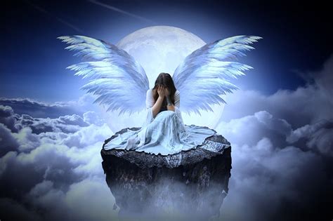 Pictures Wings Sadness Crag Girls Fantasy Moon Angels Sitting Clouds
