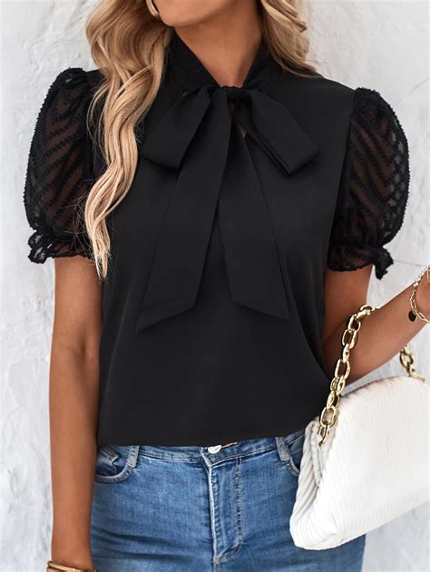 shein frenchy elegant eenkleurig blouse knoop vooraan contrast doorschijnend shein nederland