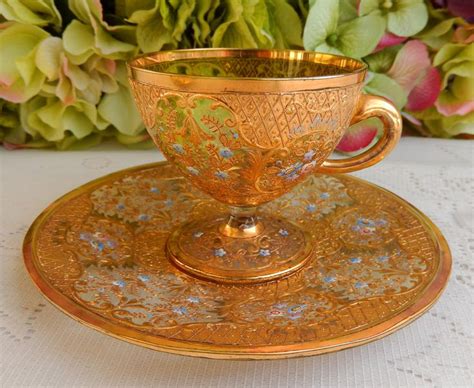 Moser Bohemian Glass Cup And Saucer ~ Gold Gilt ~ Enamel Flowers Glass Cup Bohemian Glass Art