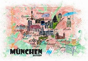 "München Bayern Illustrierte Reisekarte mit Hauptstraßen ...