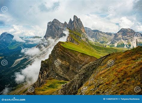 Amazing View Dolomites Mountains From Seceda Over Odle Puez Italy Stock