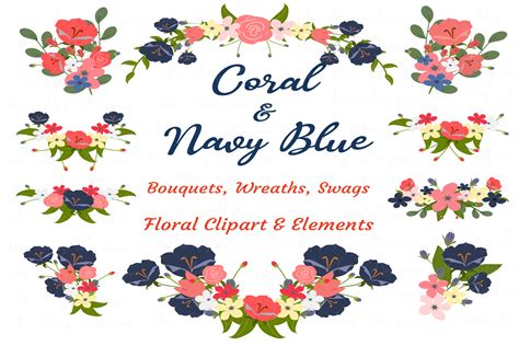 Navy Blue Coral Flowers Sublimation Clipart Bundle Wedding