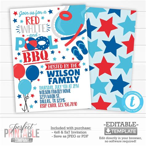 4th Of July Bbq Invitation 4th Of July Invite 4th Of July Etsy Pool