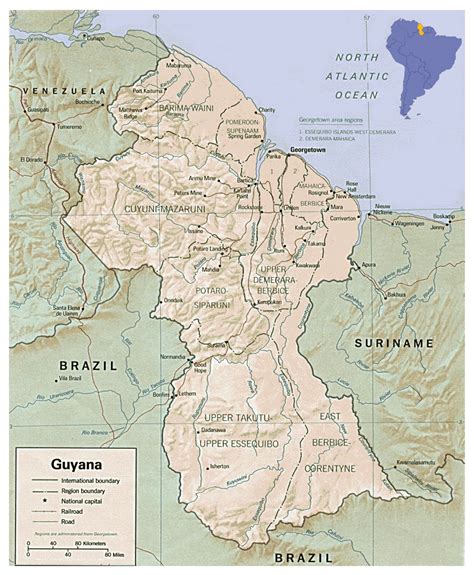 Detailed Political And Administrative Map Of Guyana With Relief Roads