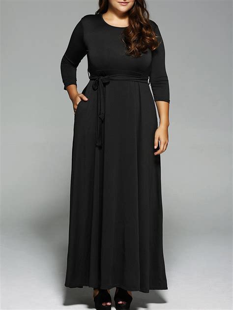 Long Sleeves Pleated Maxi Dress Black Xl In Plus Size Dresses