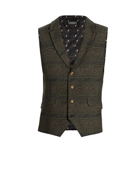 Brown Checkered Tweed Lapeled Vest With Brass Buttons Hockerty