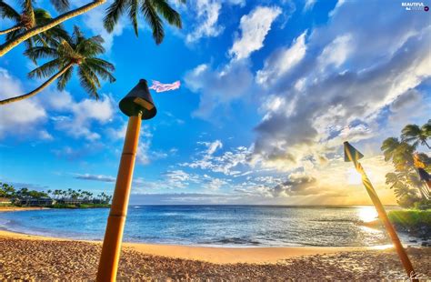 Beaches Maui Island Sunrise Sea Aloha State Hawaje Palms Clouds