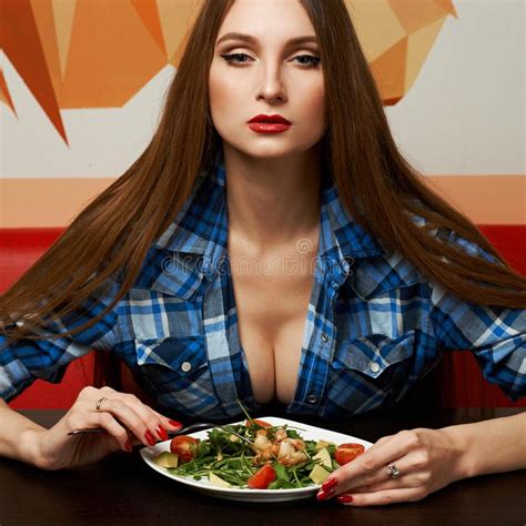 Woman Dressed In Unbuttoned Checkered Shirt Sitting At Rest Stock Photo Image Of Beauty
