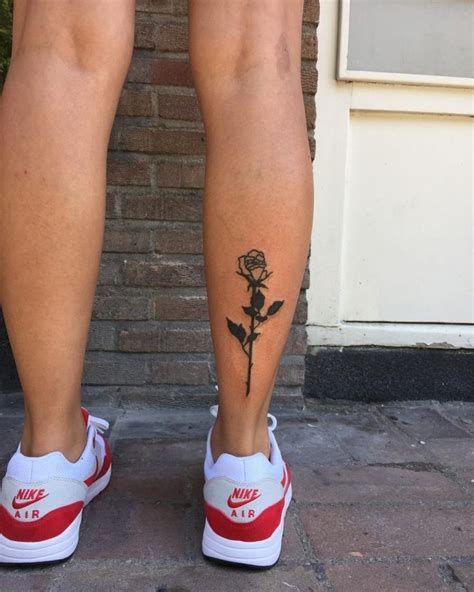 Black Long Rose Tattoo On The Right Calf Flower Leg Tattoos Leg