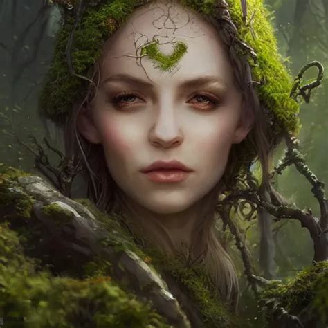 Portrait Elven Witch Lady Wood Branch Moss Plants Stable Diffusion
