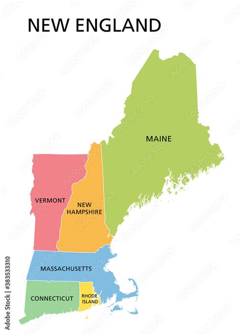 New England Region Colored Map A Region In The United States Of