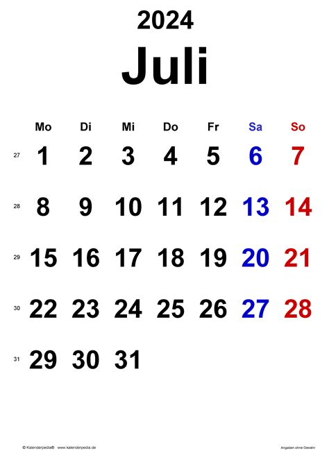 Kalender Juli 2024 Als Pdf Vorlagen