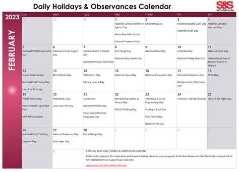 February Daily Holidays Observances Printable Calendar S S Blog 61740