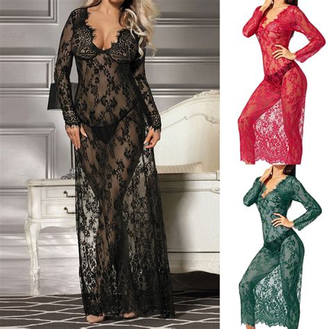 Sexy Women Negligee Nightie Lingerie Lace Beautiful Black Lingerie Long Dress