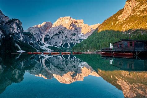 The Landscape Around Lake Braies Or Pragser Wildsee Italy Stock Image
