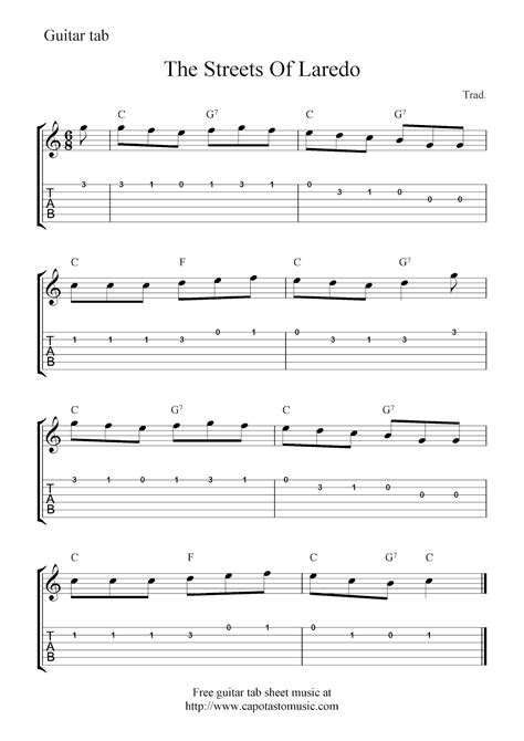Here is a link directly to their classical guitar sheet music collection. Free easy guitar tabs sheet music score, The Streets Of Laredo
