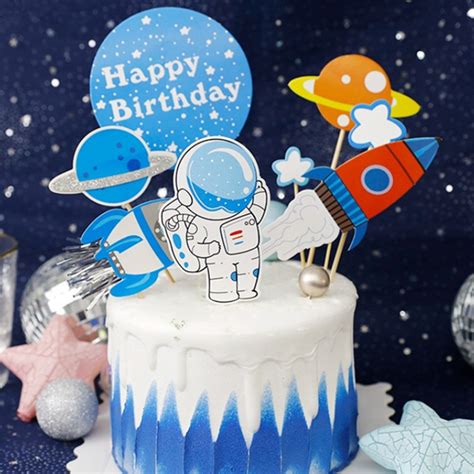 1 Set Astronaut Space Planet Theme Happy Birthday Cake Topper For Kids