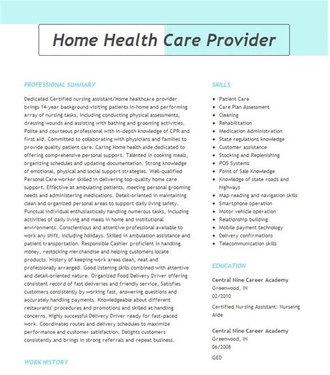 In Home Health Care Provider Resume Example
