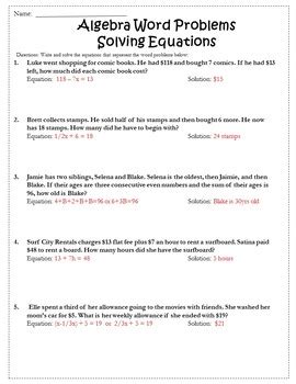 Check spelling or type a new query. Algebra: Word Problems {Algebra 1 Worksheet} {Algebra Word ...