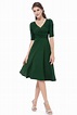 Dark Green V-neck 3/4 Sleeve High Stretch Short Casual Dress - $34 # ...