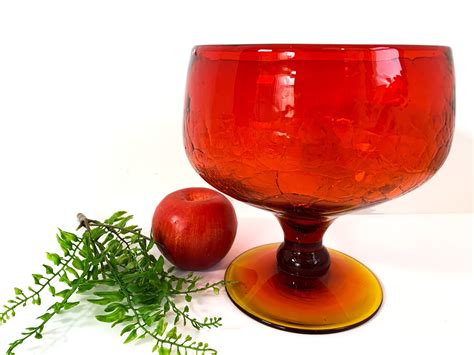 Vintage Amberina Red And Orange Ombre Art Glass Bowl Large Mod Pedestal Dish Comport