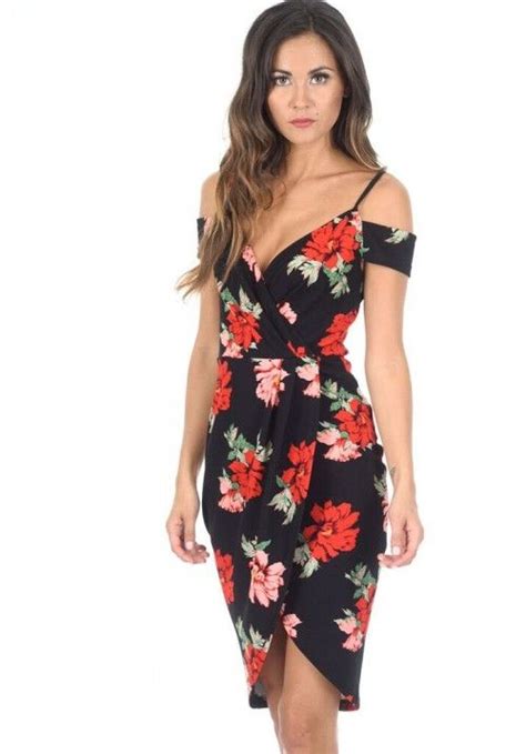 Black Floral Wrap Midi Dress Floral High Low Dress Floral Skirt Midi