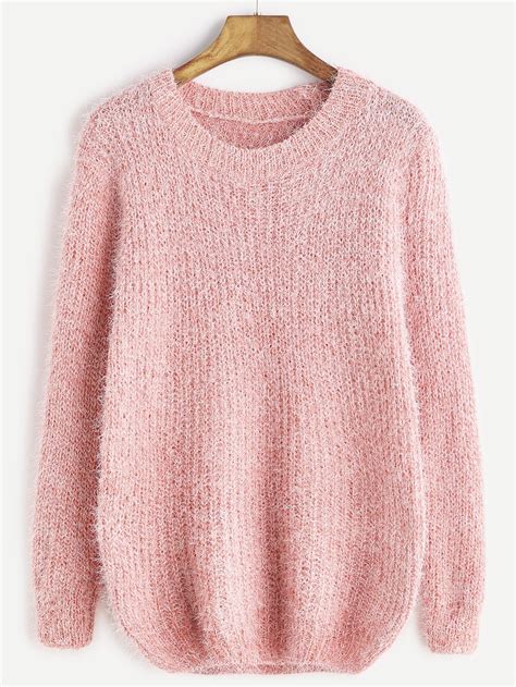 Pink Drop Shoulder Fuzzy Sweater Sheinsheinside