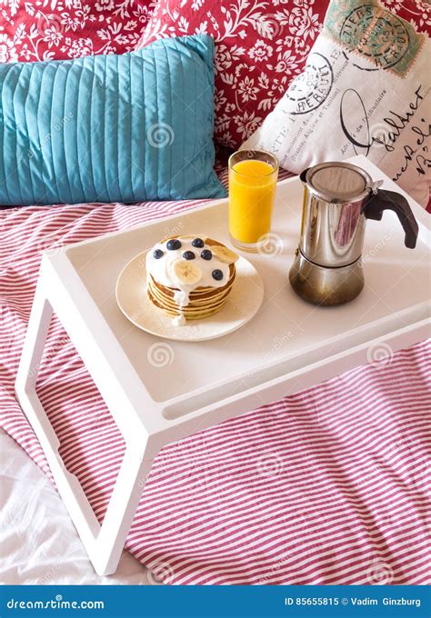 Concept Of Breakfast In Bed On Tray With Juice Stock Image Image Of