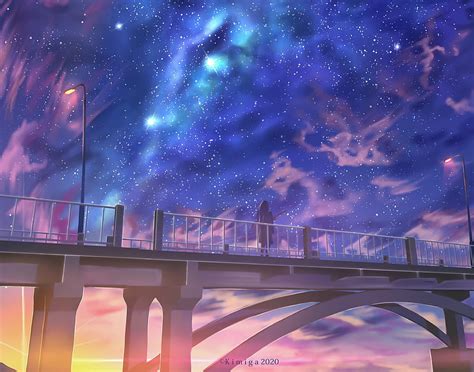 Anime Original Girl Sky Starry Sky Sunset Whale Hd Wallpaper