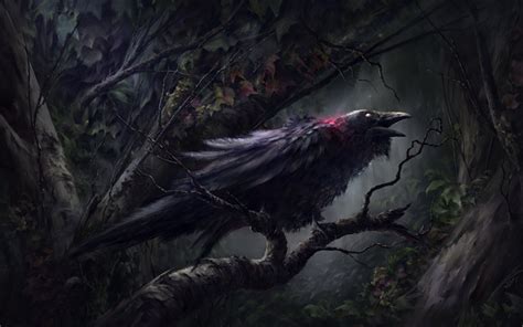 Download Wallpapers Raven Forest Darkness Artwork Black Bird For