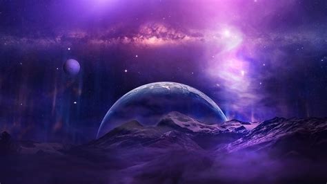 Galaxy Moon Mountain Night Planet Purple Sky Space Stars