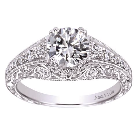 Vintage Inspired Platinum Round Wide Band Diamond Engagement Ring