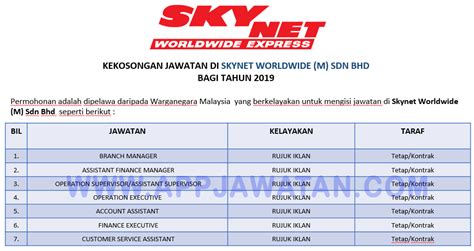 • skynet worldwide express is a multinational organization and a leading worldwide courier operator. Jawatan Kosong Terkini di Skynet Worldwide (M) Sdn Bhd ...
