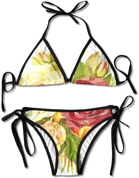 Sexy Triangle Bathing Two Pieces Floristic Rose Flower Padded Top
