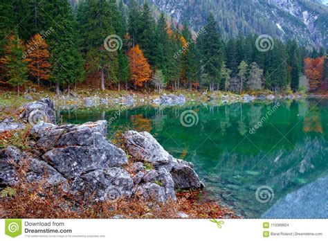 Beautiful Lago Di Fusine Mountain Lake In Autumn And Mangart Mountain